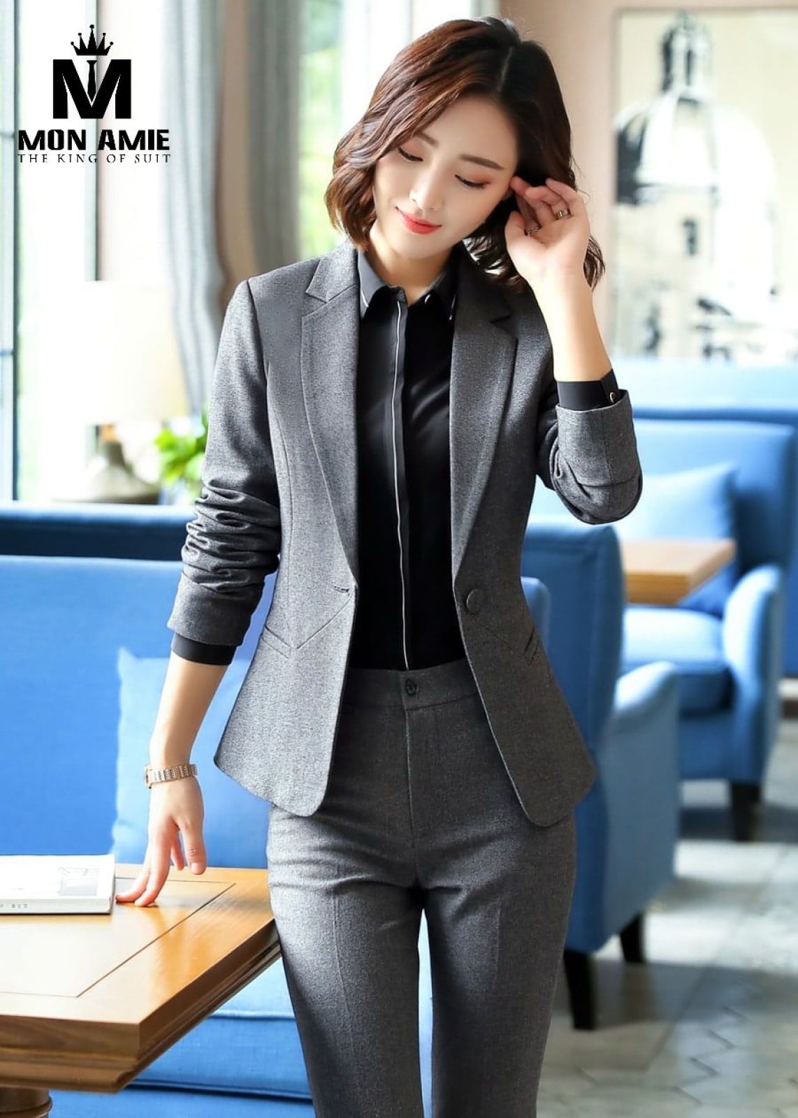 Grey Business Notch Lapels Suit With Tulip Trousers